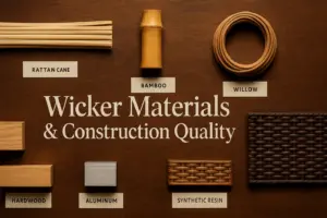 Flat-lay 16:9 photo on an aged walnut tabletop displaying labeled samples of wicker materials: woven rattan cane, a bamboo segment, coiled willow, dark synthetic resin swatch, plus small blocks of hardwood and brushed aluminum. Clear white tags identify each sample under soft, even overhead lighting, with the headline ‘Wicker Materials & Construction Quality’ centered on the wooden background